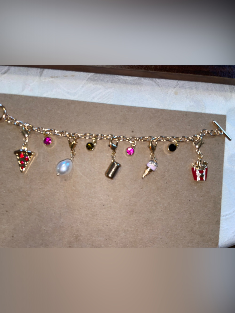 7.5” Food theme charm bracelet with colorful crystals